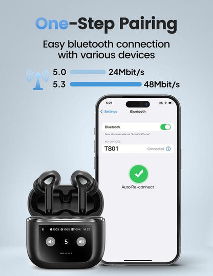 Ear Buds Wireless Bluetooth Earbuds with Touch Screen 50H Playtime Deep Bass Bluetooth Headphones with Mic IPX7 Waterproof True Wireless Earbuds in Ear Earphones for Tablet Laptop Android/Ios Phones