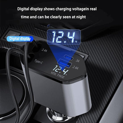 4-in-1 Retractable Car Charger – 100W USB-C Fast Adapter with Lightning & Dual Ports for iPhone, iPad, AirPods, Samsung & Pixel